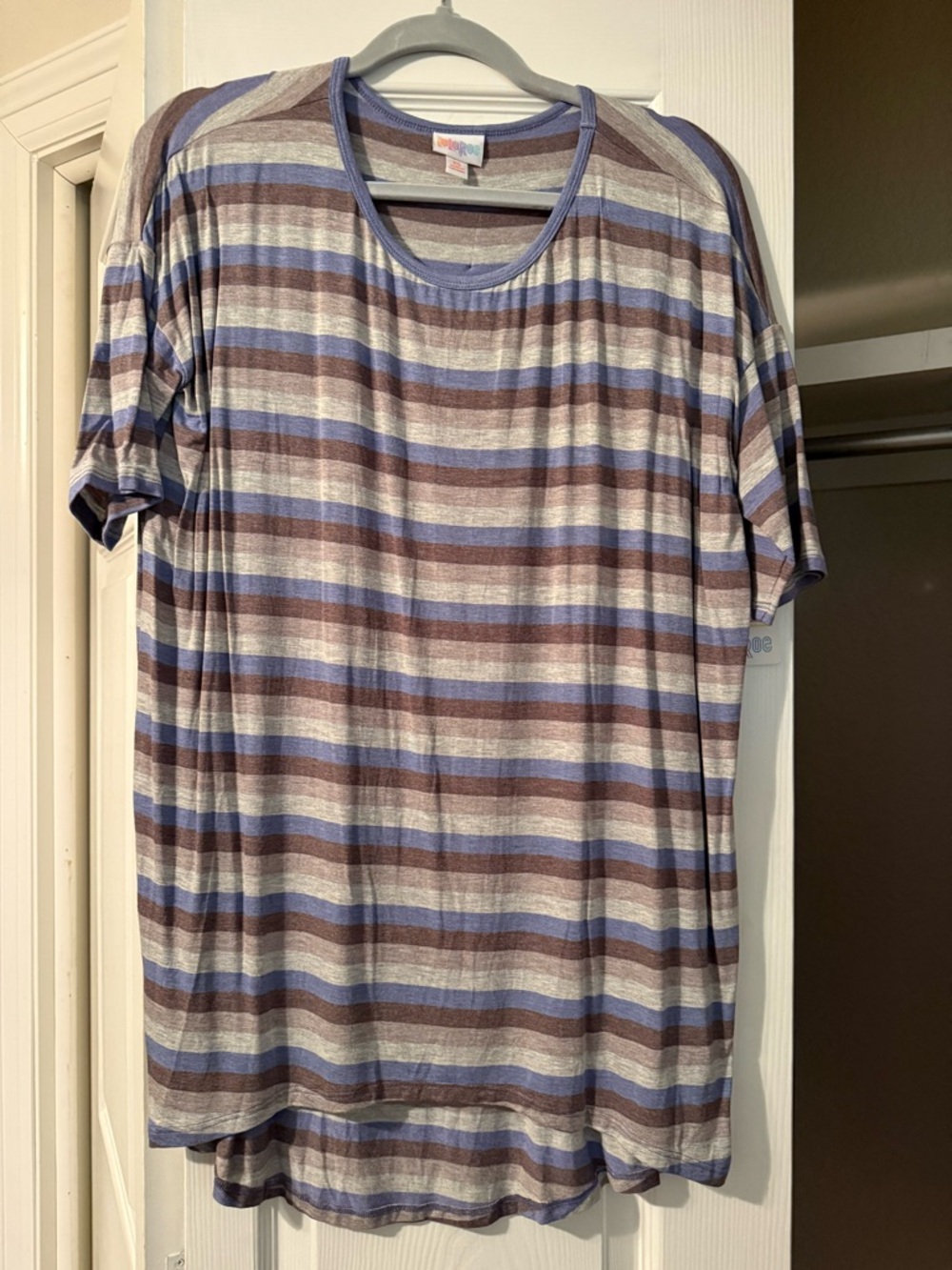 LuLaRoe Striped Short Sleeve Irma Tunic - Blue, Brown & Cream
